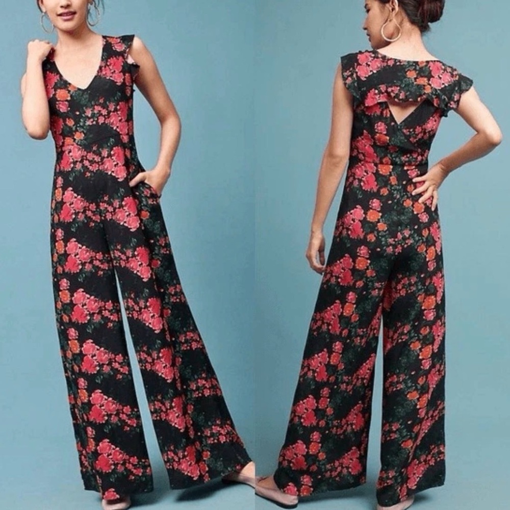 Anthropologie PLENTY TRACY REESE Laurete Floral Ruffle Wide Leg Jumpsuit size XS